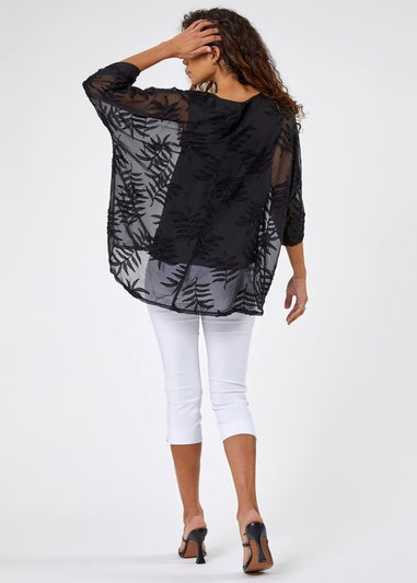 Roman Black Leaf Burnout Print Chiffon Overlay Top