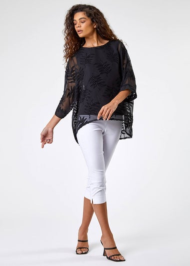 Roman Black Leaf Burnout Print Chiffon Overlay Top