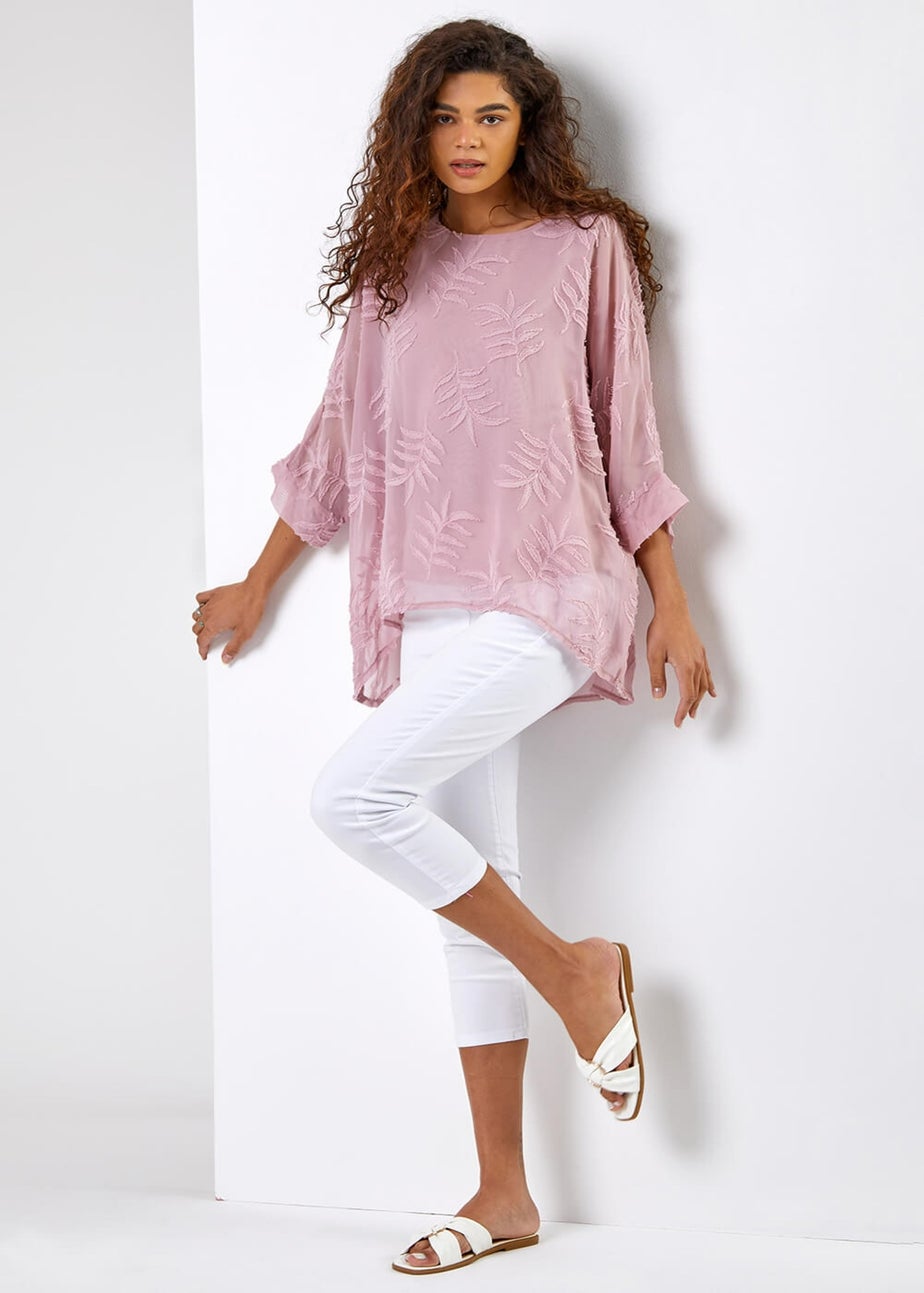 Roman Pale Pink Leaf Burnout Print Overlay Top