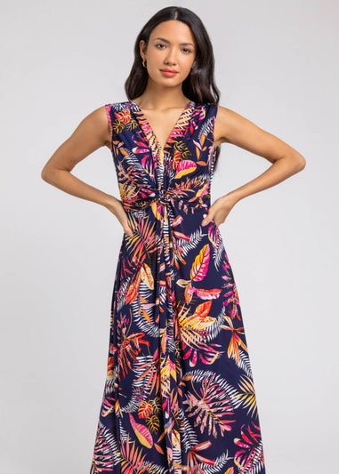 Roman Navy Tropical Twist Stretch Ruched Maxi Dress