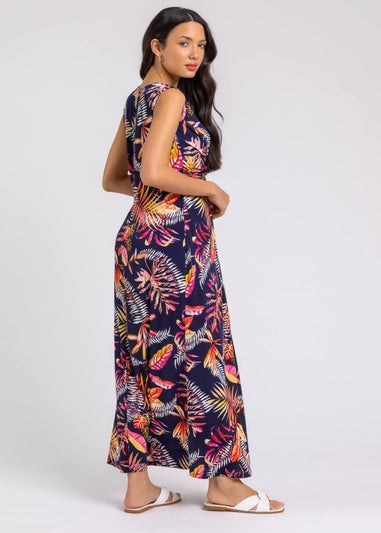 Roman Navy Tropical Twist Stretch Ruched Maxi Dress
