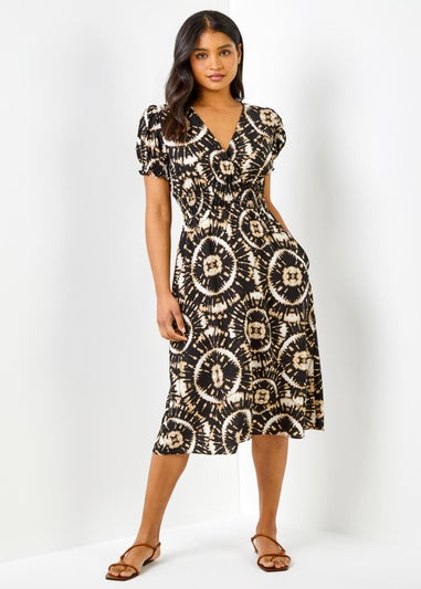 Roman Black Tie Dye Fit And Flare Midi Dress