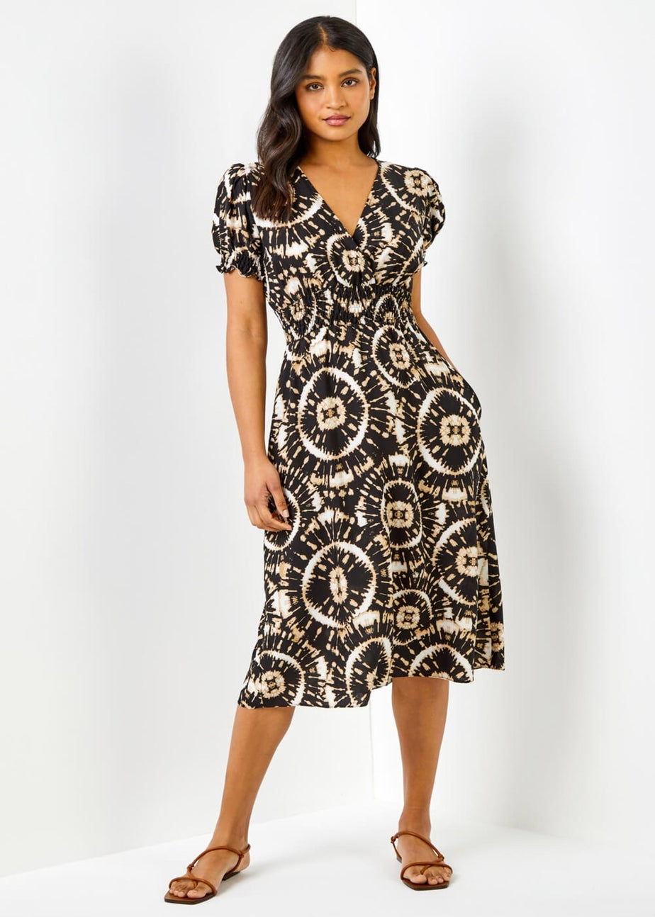 Roman Black Tie Dye Fit And Flare Midi Dress