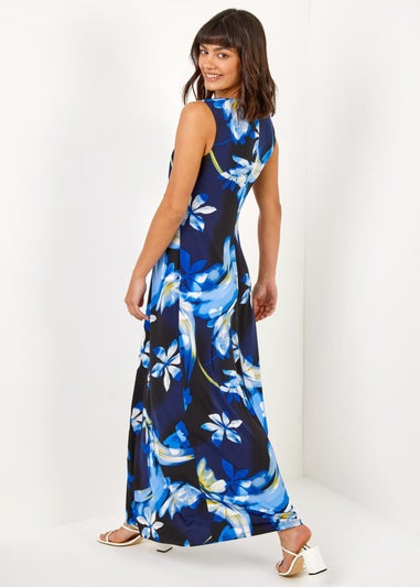 Roman Black Floral Jersey Stretch Twist Ruched Maxi Dress