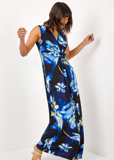 Roman Black Floral Jersey Stretch Twist Ruched Maxi Dress