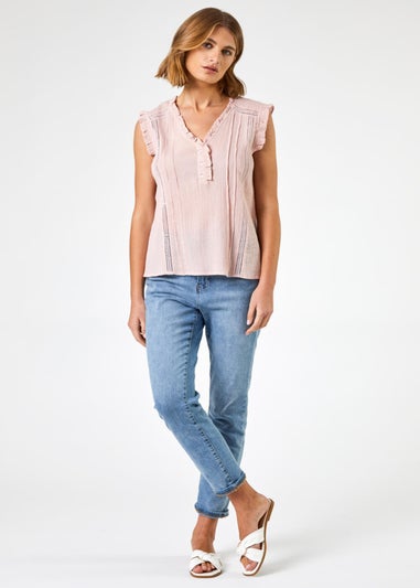 Roman Light Pink Ruffle Detail Cotton Crinkle Top
