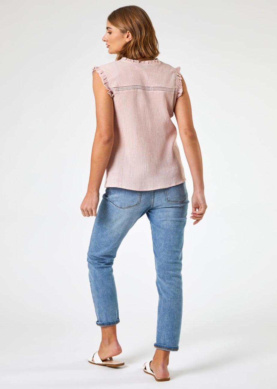 Roman Light Pink Ruffle Detail Cotton Crinkle Top