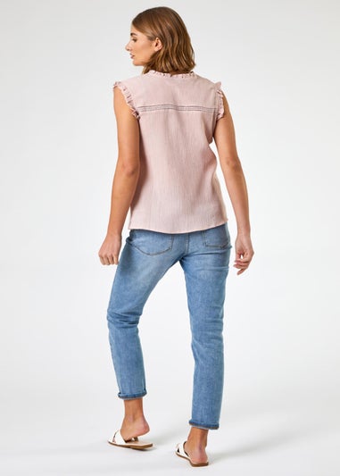 Roman Light Pink Ruffle Detail Cotton Crinkle Top