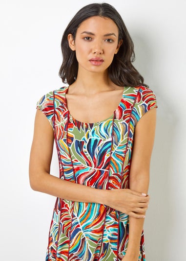 Roman Red Textured Leaf Print Panel Dress