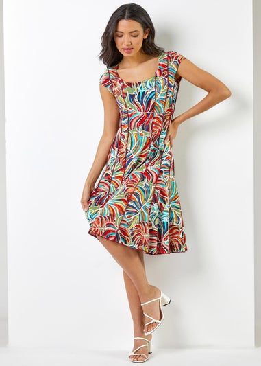 Roman Red Textured Leaf Print Panel Dress