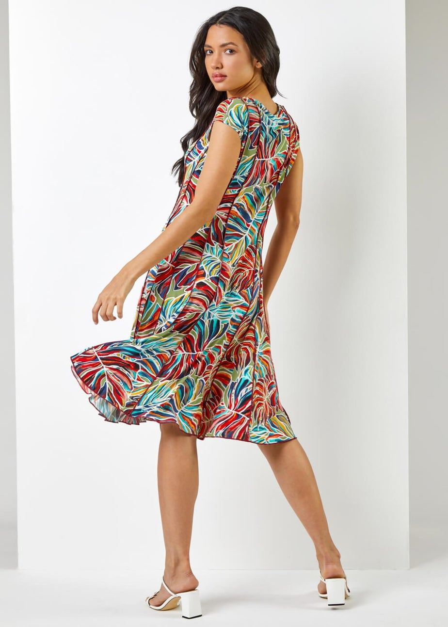 Roman Red Textured Leaf Print Panel Dress