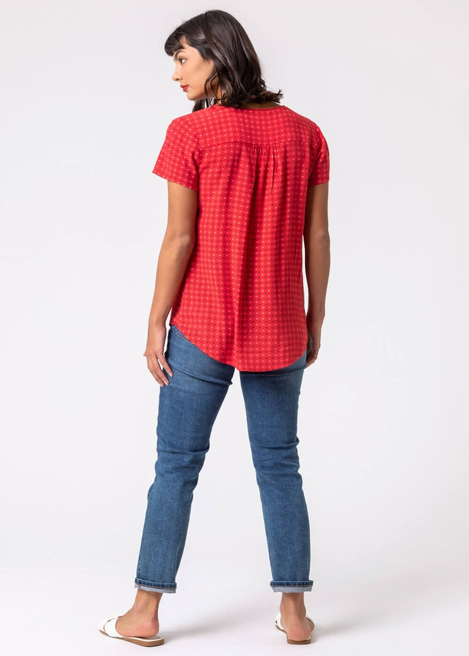 Roman Red Ditsy Embroidered Trim Detail Top