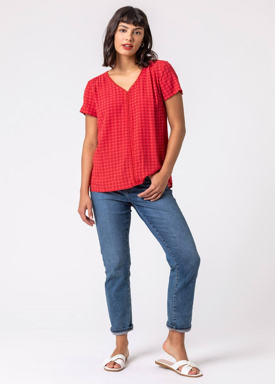 Roman Red Ditsy Embroidered Trim Detail Top