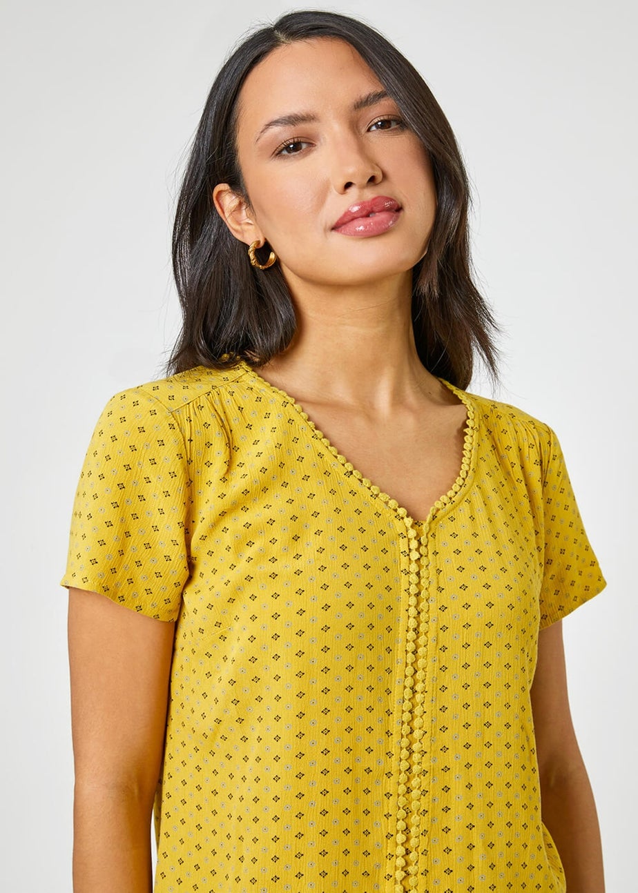 Roman Yellow Ditsy Embroidered Trim Detail Top