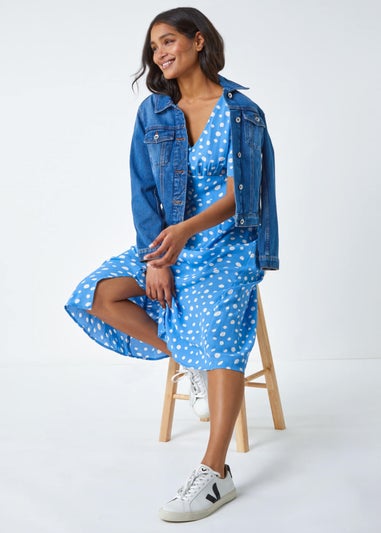 Roman Light Blue Polka Dot Ruched Sleeve Midi Dress