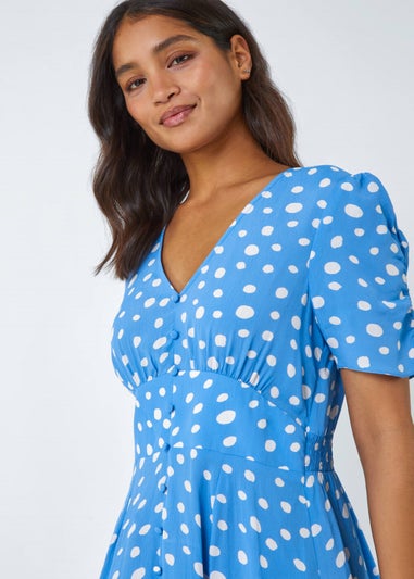 Roman Light Blue Polka Dot Ruched Sleeve Midi Dress