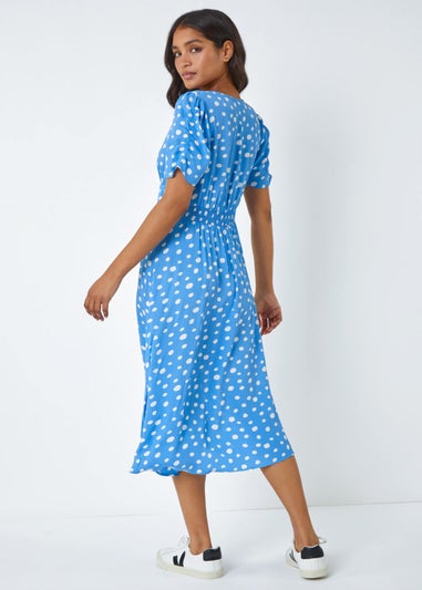 Roman Light Blue Polka Dot Ruched Sleeve Midi Dress