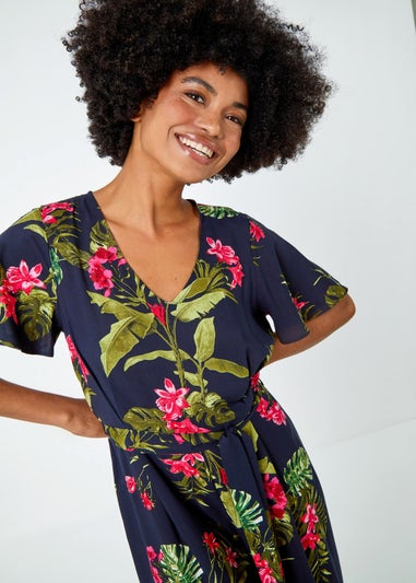 Roman Navy Tropical Print Belted Jumpsuit