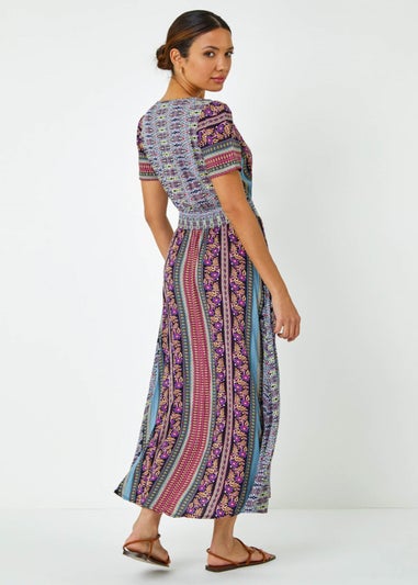 Roman Purple Floral Print Fit and Flare Maxi Dress