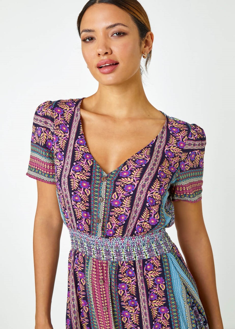 Roman Purple Floral Print Fit and Flare Maxi Dress