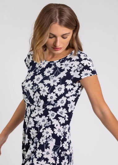 Roman Navy Floral Print Stretch Jersey Tea Dress