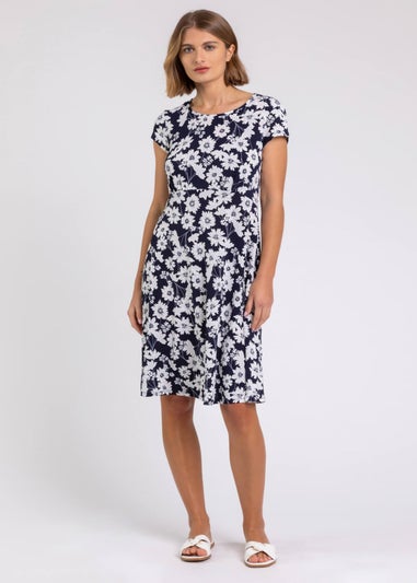Roman Navy Floral Print Stretch Jersey Tea Dress