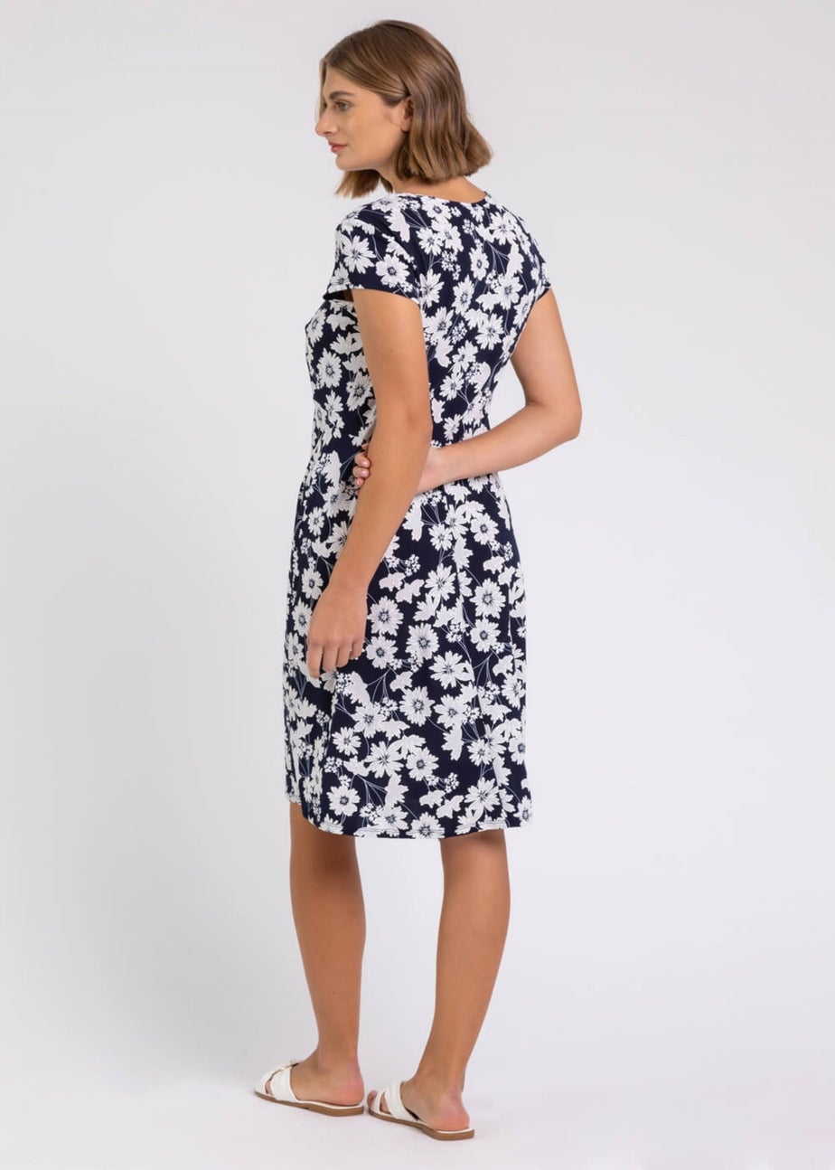 Roman Navy Floral Print Stretch Jersey Tea Dress