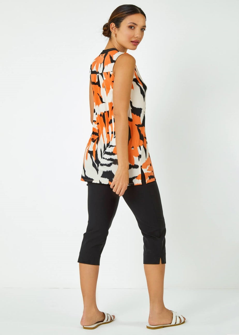 Roman Orange Sleeveless V-Neck Leaf Print Zip Top