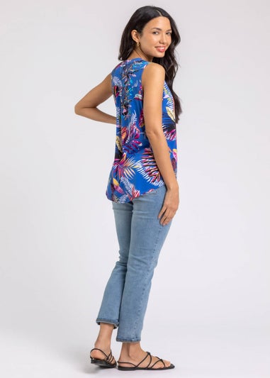 Roman Royal Blue Tropical Print V-Neck Stretch Jersey Top