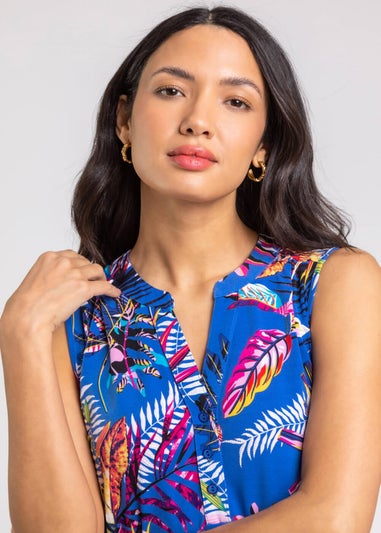 Roman Royal Blue Tropical Print V-Neck Stretch Jersey Top