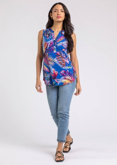 Roman Royal Blue Tropical Print V-Neck Stretch Jersey Top