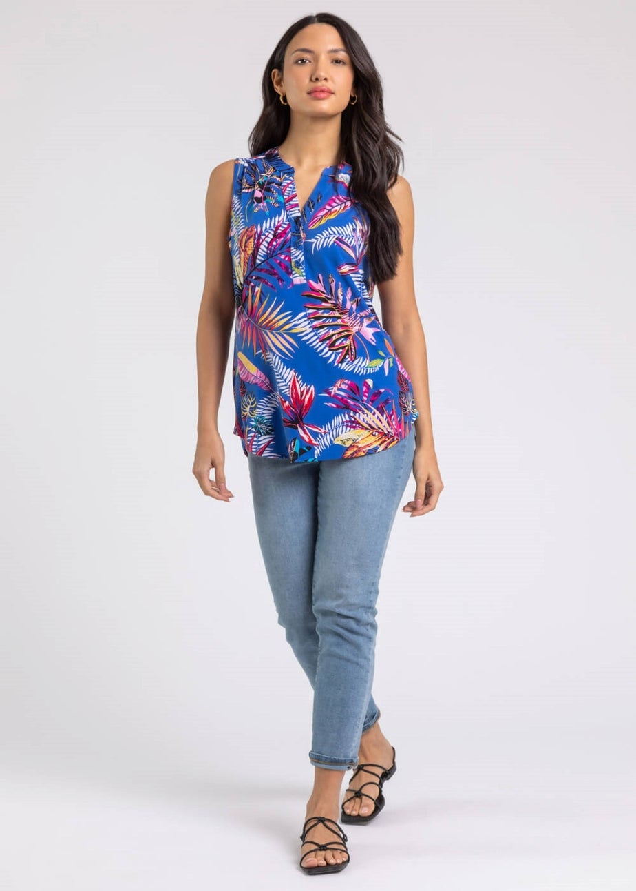Roman Royal Blue Tropical Print V-Neck Stretch Jersey Top