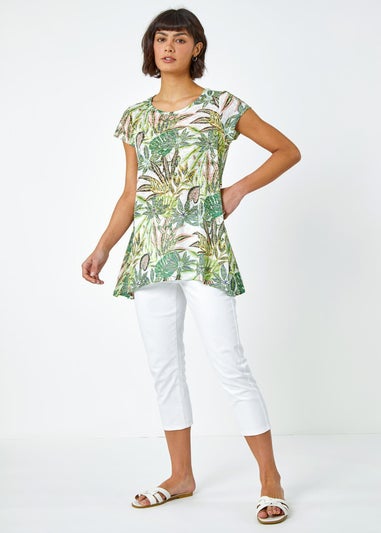 Roman Lime  Tropical Print Hanky Hem Tunic Top