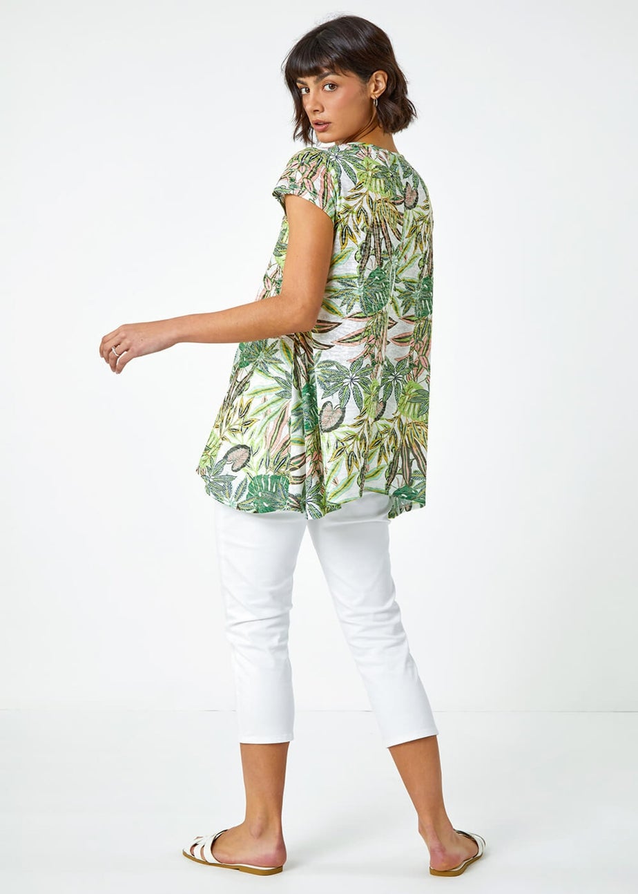 Roman Lime  Tropical Print Hanky Hem Tunic Top