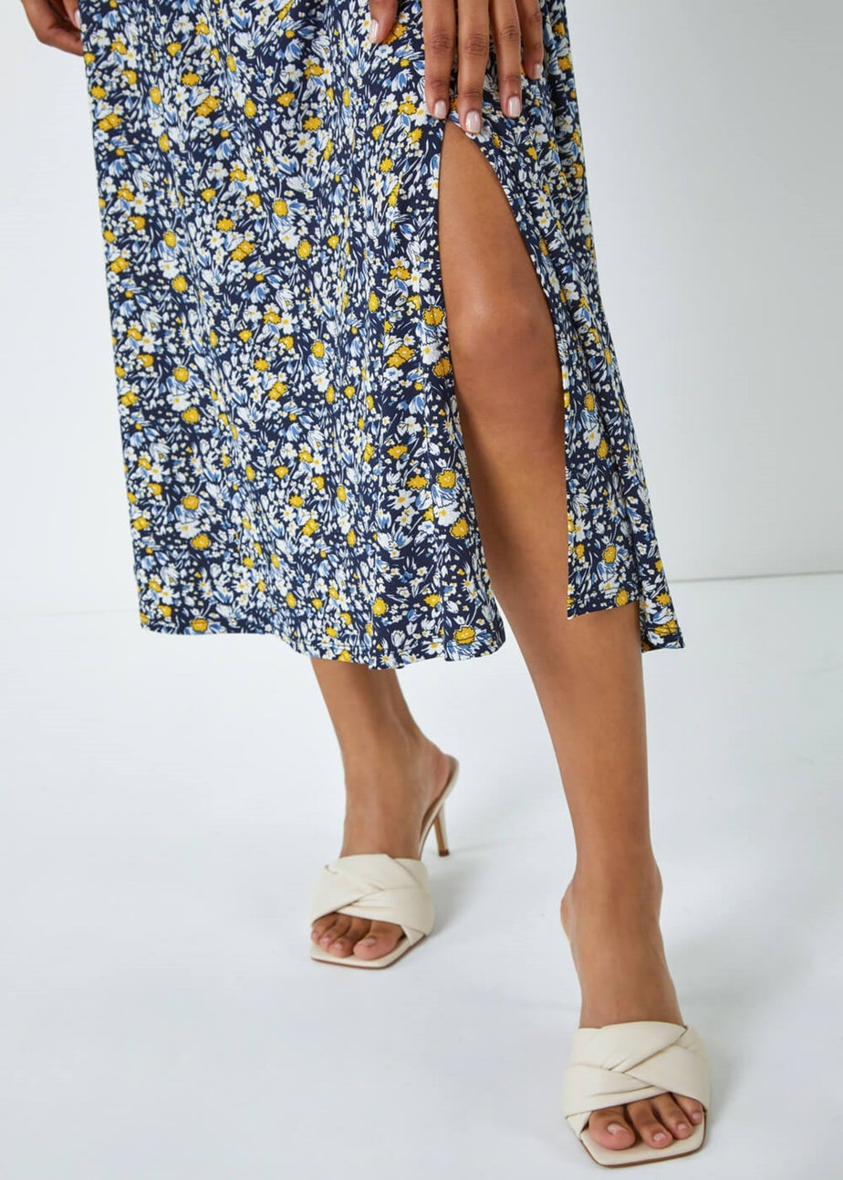 Roman Yellow Ditsy Floral Ruched Maxi Dress