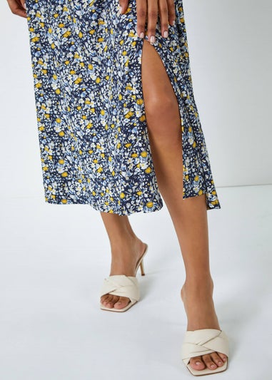 Roman Yellow Ditsy Floral Ruched Maxi Dress