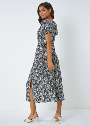 Roman Yellow Ditsy Floral Ruched Maxi Dress