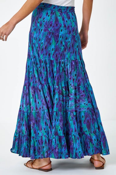Roman Blue Feather Print Tiered Cotton Maxi Skirt
