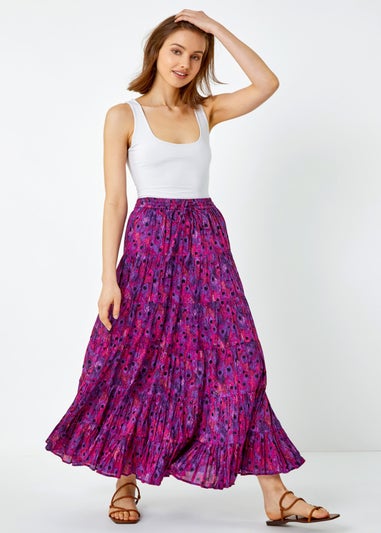 Roman Fuchsia Feather Print Tiered Cotton Maxi Skirt