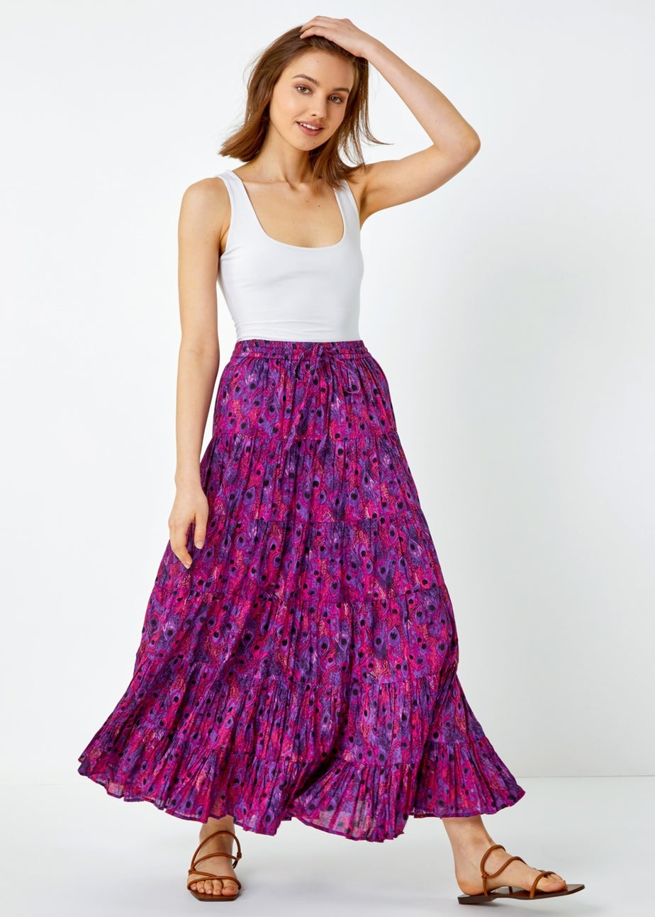 Roman Fuchsia Feather Print Tiered Cotton Maxi Skirt