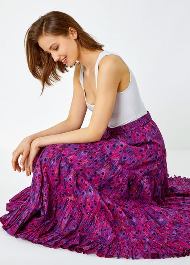 Roman Fuchsia Feather Print Tiered Cotton Maxi Skirt