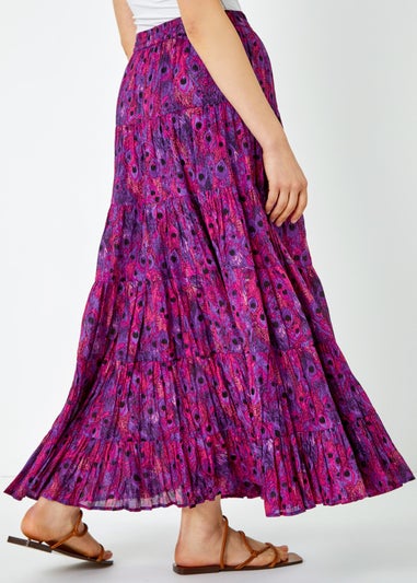 Roman Fuchsia Feather Print Tiered Cotton Maxi Skirt
