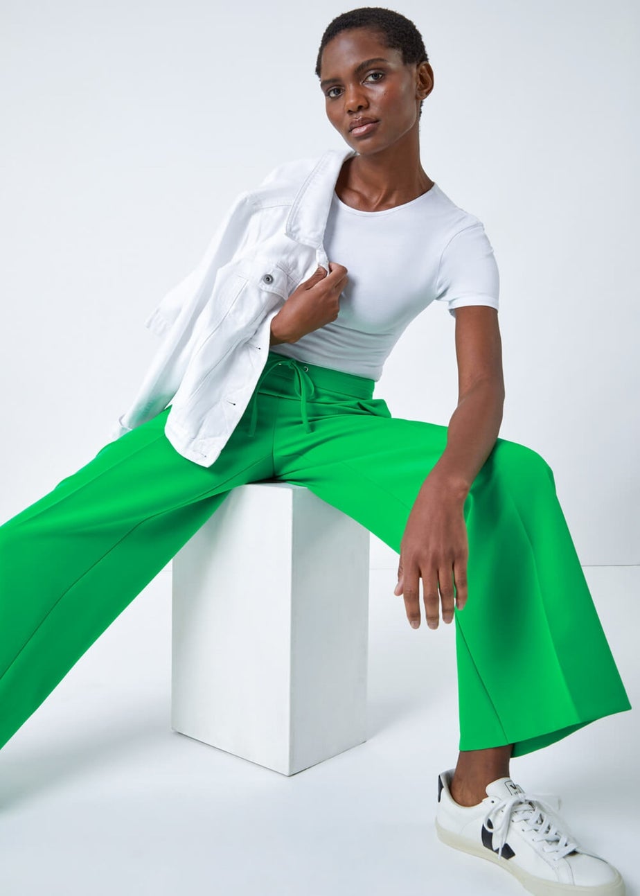 Roman Green Wide Leg Elastic Waist Tie Front Trouser