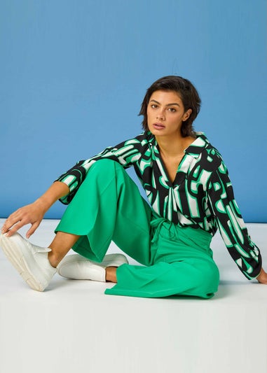 Roman Green Wide Leg Elastic Waist Tie Front Trouser