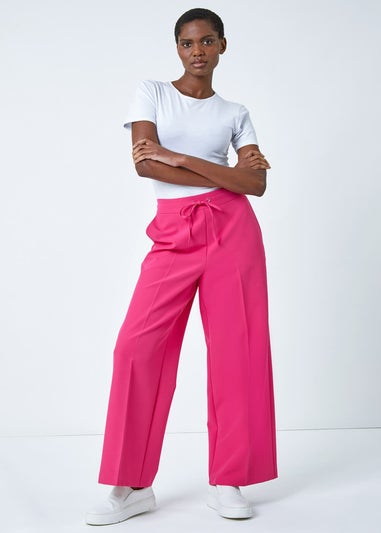 Roman Pink Wide Leg Elastic Waist Tie Front Trouser