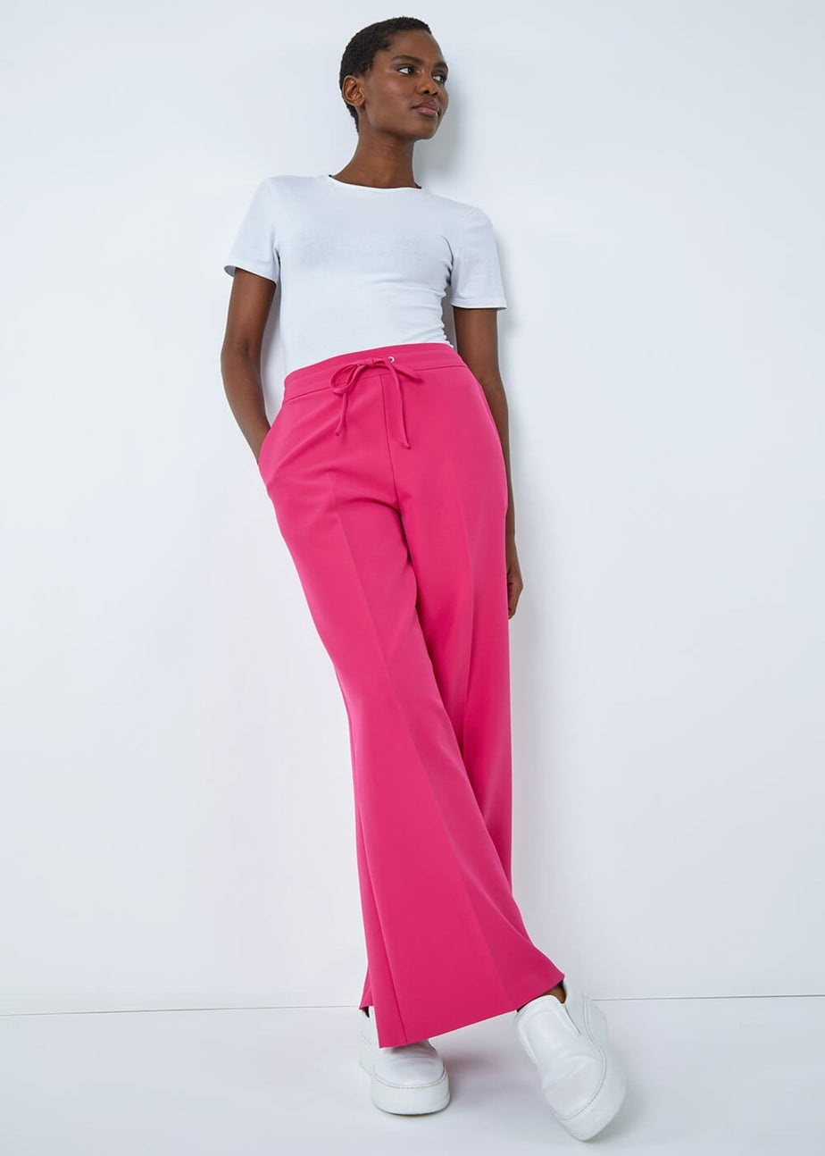 Roman Pink Wide Leg Elastic Waist Tie Front Trouser