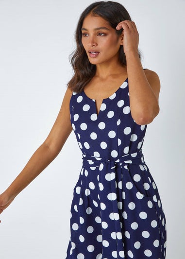 Roman Navy Spot Print Belted Jumpsuit