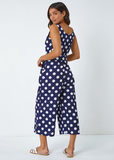 Roman Navy Spot Print Belted Jumpsuit