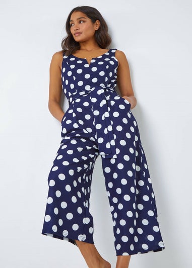 Roman Navy Spot Print Belted Jumpsuit