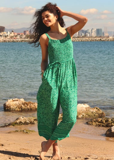 Roman Green Sleeveless Paisley Cropped Jumpsuit